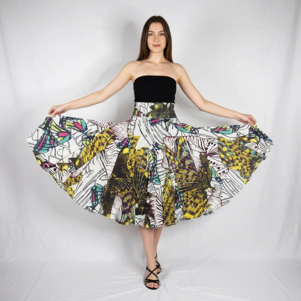 Chelsea & Theo Butterfly Wing Boho Festival Cotton Smocked Colorful Midi Skirt L